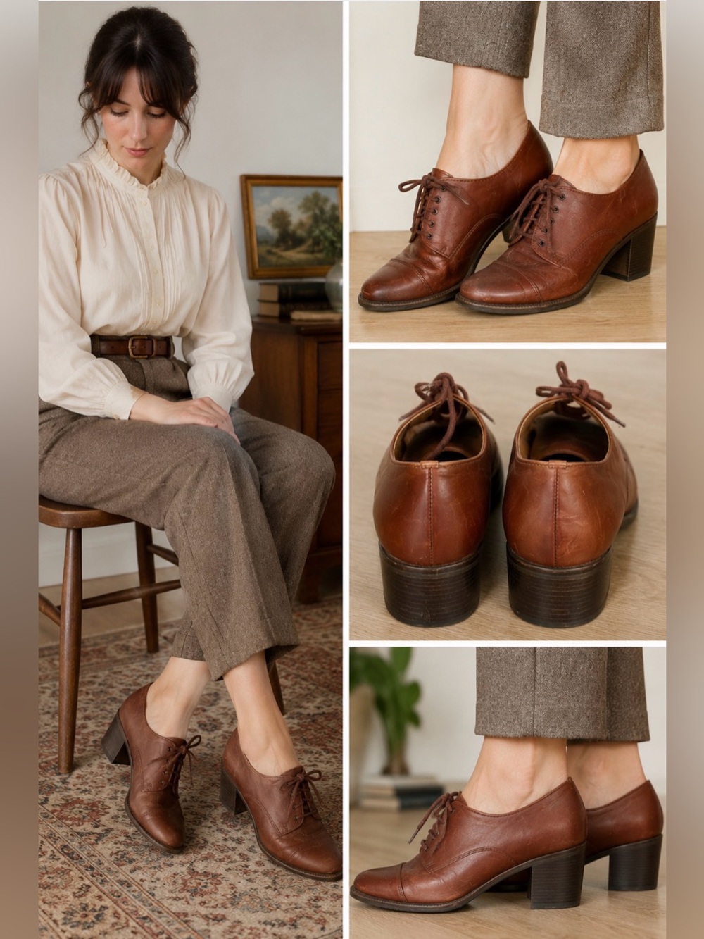 Hunt Club Denise Brown Leather Oxford Heels Women Size 8M Lace Up Y2K Brazil